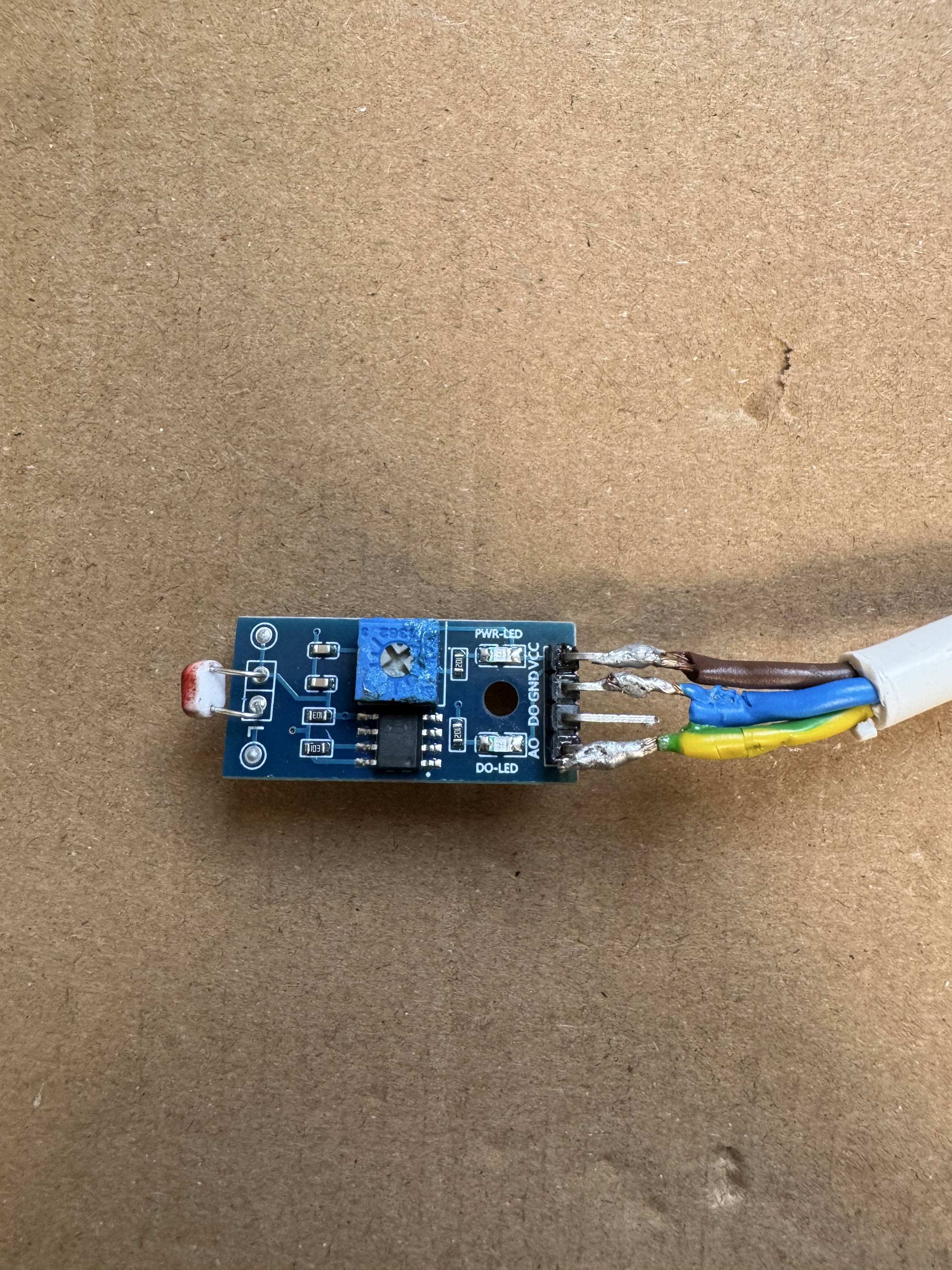 Close-up of the light-dependent resistor sensor module used to detect ambient light