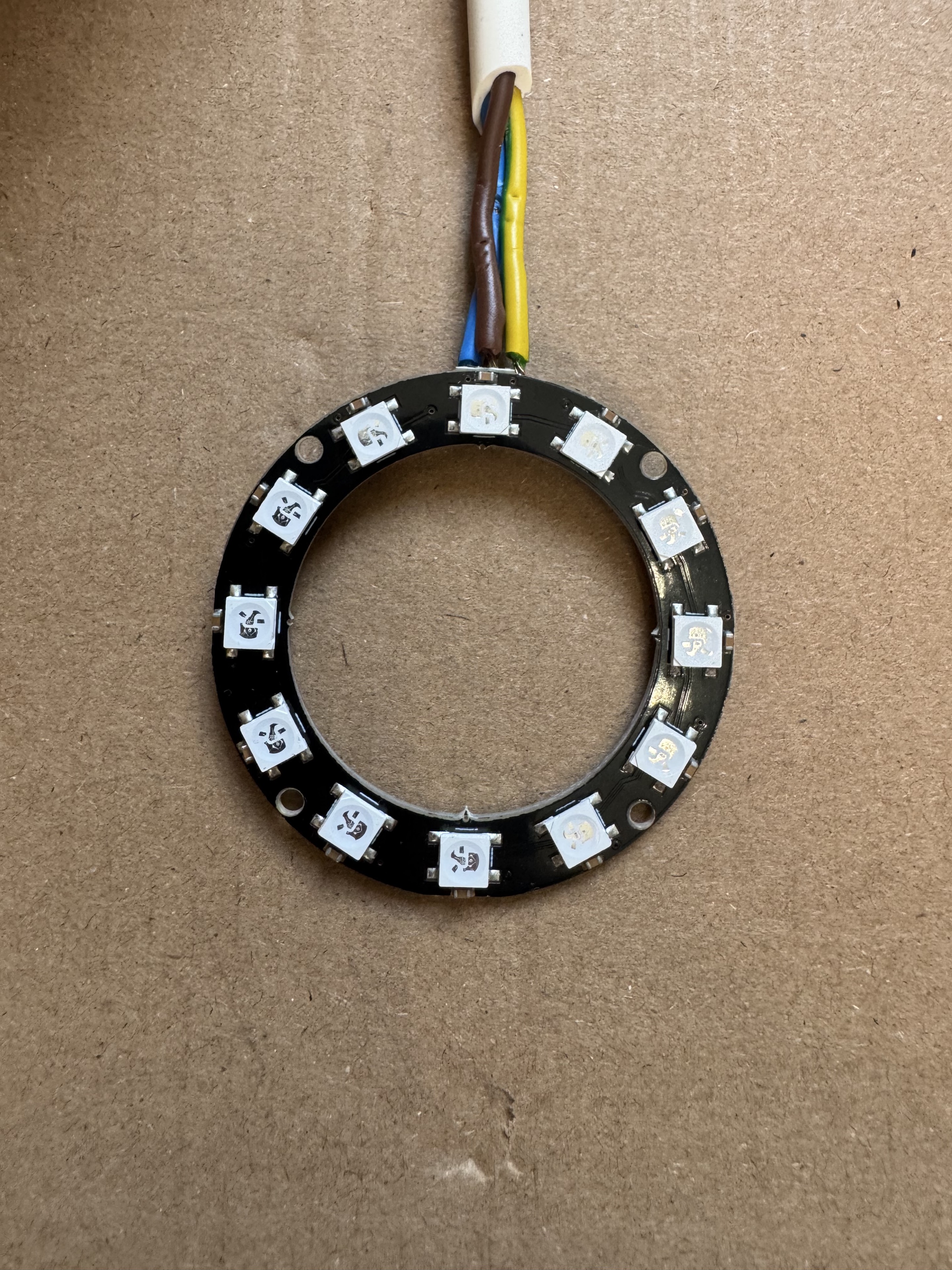 Close-up of the circular 12-pixel NeoPixel light used in the solar lighting system